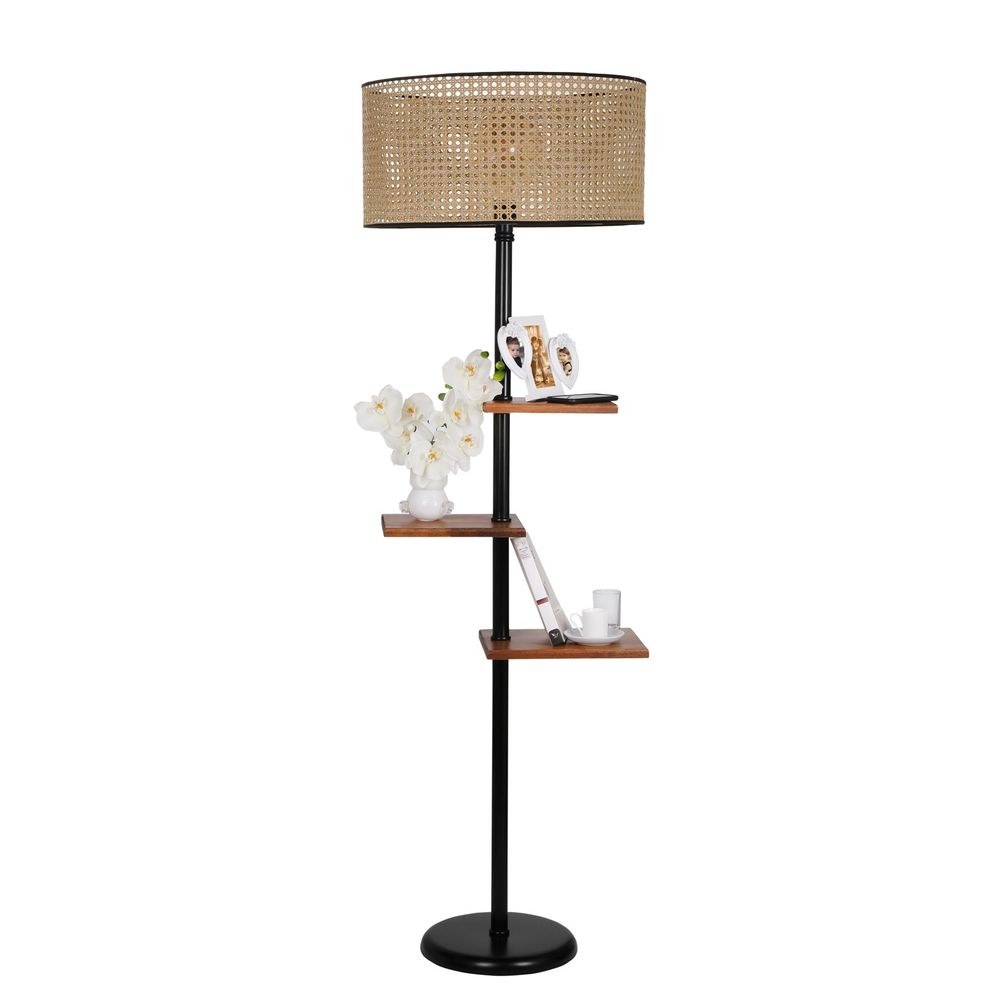 Elegantna Crno-Smeđa Stajaća Lampa sa Ratan Abažurom slika 2