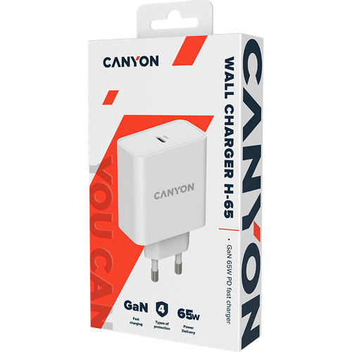 Canyon, GAN 65W charger Input: 100V-240V Output: 5.0V3.0A /9.0V3.0A /12.0V-3.0A/ 15.0V-3.0A /20.0V3.25A , Eu plug, Over- Voltage , over-heated, over-current and short circuit protection Compliant with CE RoHs,ERP. Size: 53*53*29mm, 110g, White slika 4