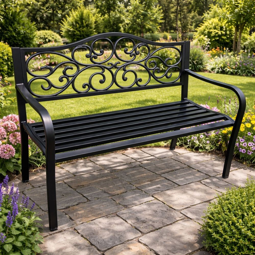 Vrtna klupa za terasu, metalna, s 3 sjedala, ukrašena, crna, 127x60x89 cm slika 4