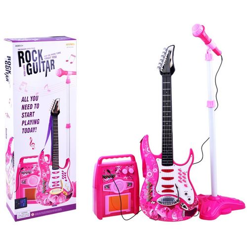 Dječja električna gitara s pojačalom i mikrofonom - roza slika 1