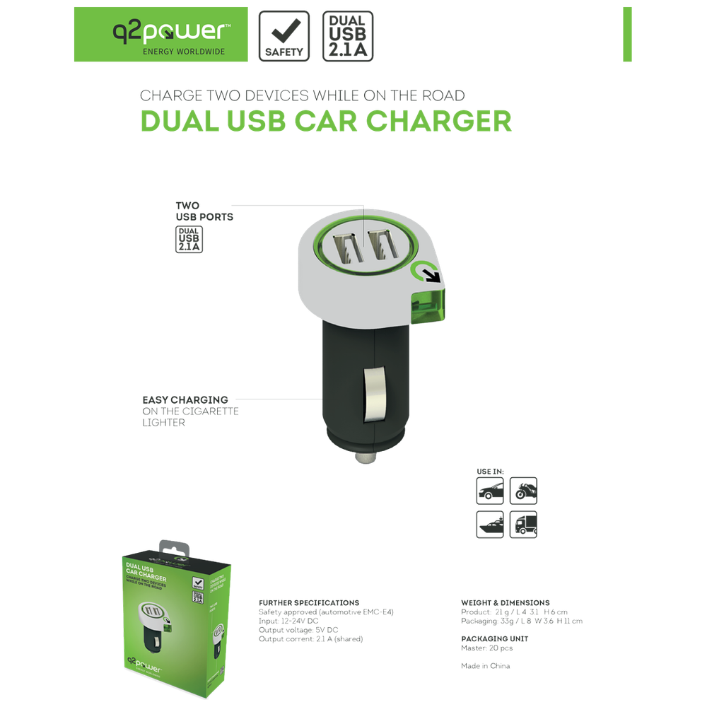 q2power Auto punjač, Dual USB, 2.1A - DUAL USB CAR CHARGER slika 3
