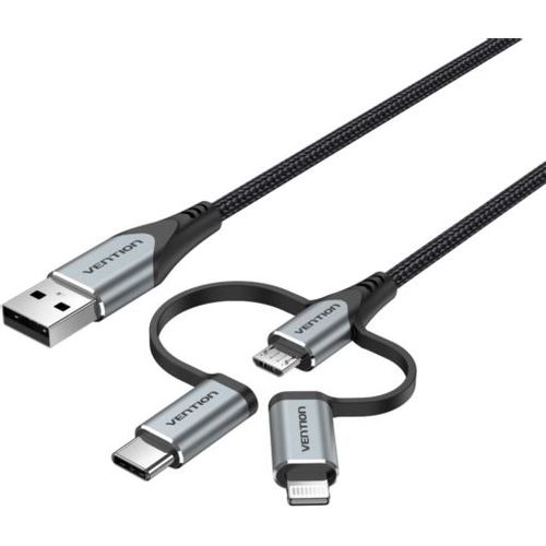 Vention USB 2.0 A Male to 3-in-1 Micro-B USB-C Lightning Male Cable 1,5m, Gray slika 1
