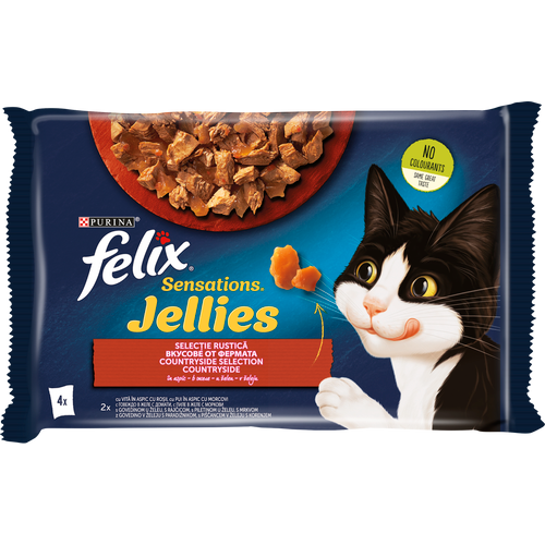 FELIX Sensations Jellies, potpuna hrana za kućne ljubimce, za odrasle mačke, mokra hrana s govedinom u želeu s rajčicom i s piletinom u želeu s mrkvom, 4x85g slika 1