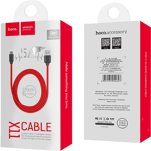 hoco. USB kabl za smartphone, USB type C, 1.2 met., 5 A - X11 Rapid Black/Red slika 2