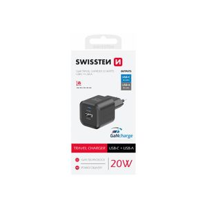 SWISSTEN punjač za AC220, GaN, 20W, 1xUSB-C, 1xUSB-A, 3A, crni