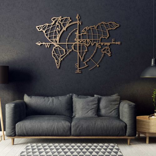 World Map Compass Gold Gold Decorative Metal Wall Accessory slika 7