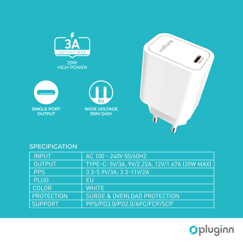 Kućni punjač Pluginn PI-D61S, PD3.0, PPS, 20W sa PD iPhone lightning kablom beli slika 2