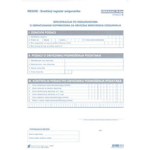 R-SM/A SPECIFIKACIJA PO OSIGURANICIMA O OBRAČUNATIM I NAPLAĆENIM OBVEZNIM DOPRINOSIMA, POREZU NA DOHODAK I PRIREZU POREZA NA DOHODAK; Komplet 2 lista, 21 x 29,7 cm slika 1