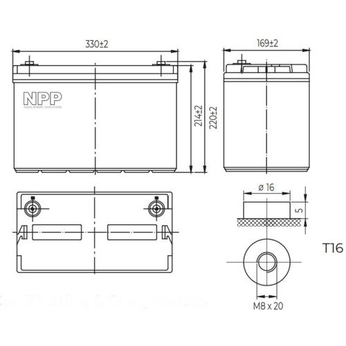 NPP NPG12V-100Ah, GEL BATTERY, C20=100AH, T16, 330x171x214x220, 27,3KG, Light grey slika 1