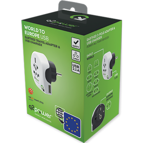 q2power Adapter, putni, univerzalni sa USB-om - WORLD TO EUROPE USB slika 2
