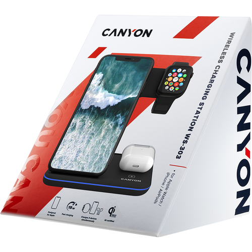 CANYON WS-303 3in1 Wireless charger, with touch button for Running water light, Input 9V/2A, 12V/2A, Output 15W/10W/7.5W/5W, Type c to USB-A cable length 1.2m, 137*103*140mm, 0.195Kg, Black slika 3