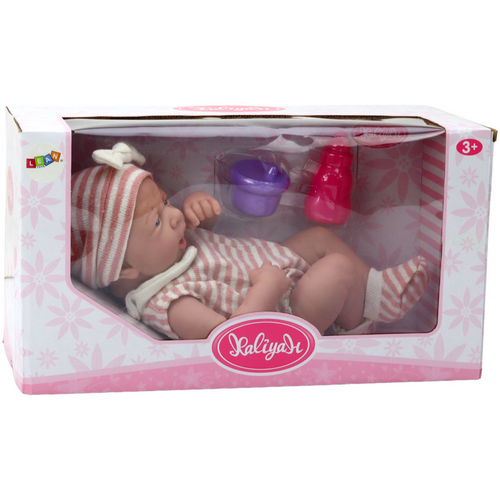 Lutka novorođenče - Prugasta odjeća, šešir, čarape, bočice slika 3