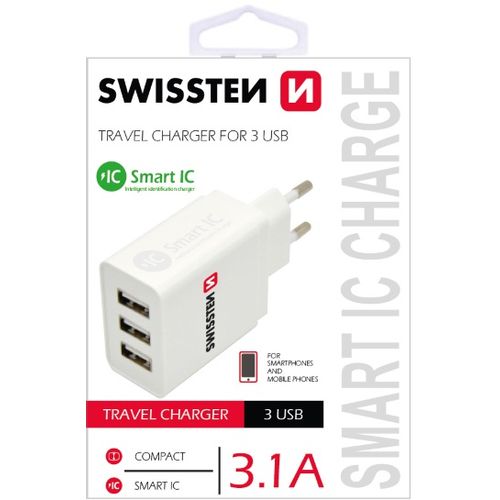 Swissten punjač za ac220, 3xusb, 3.1a, smart ic, bijeli slika 1