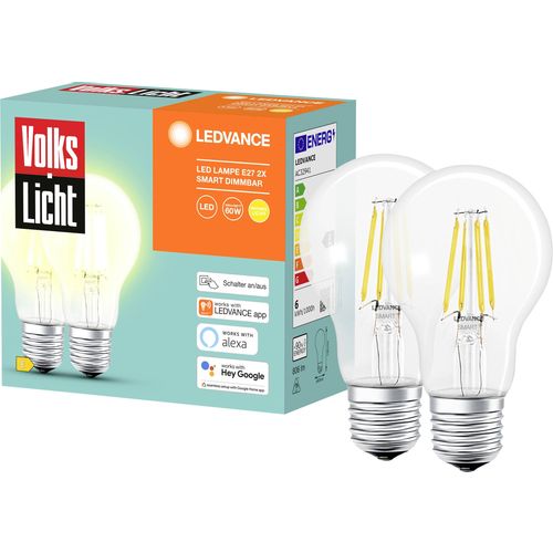 LEDVANCE SMART+ Energetska učinkovitost 2021: E (A - G) AC32941 - 2er SMART+ BT FILAMENT CLASSIC DIMMABLE CLA60  E27 6 W toplo bijela slika 1