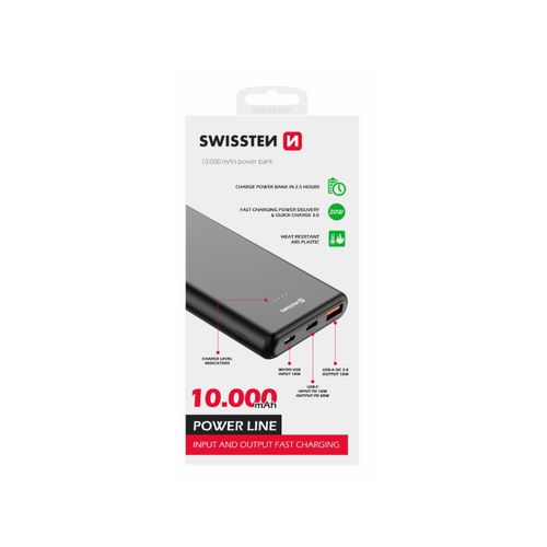 Dodatna baterija - Power Bank SWISSTEN 10000mAh, QC 3.0, USB-C, crna slika 1