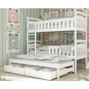 Drveni dječji krevet na kat Harriet s tri kreveta i ladicom - bijeli - 190*90 cm
