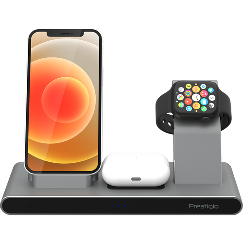 Prestigio ReVolt A7, 3-in-1 wireless charging station for iPhone, Apple Watch, AirPods, wilreless output for phone 7.5W/10W, wireless output for AirPods 5W, wireless output for Apple Watch 2.5W, material: aluminum+tempered glass, space grey color slika 1