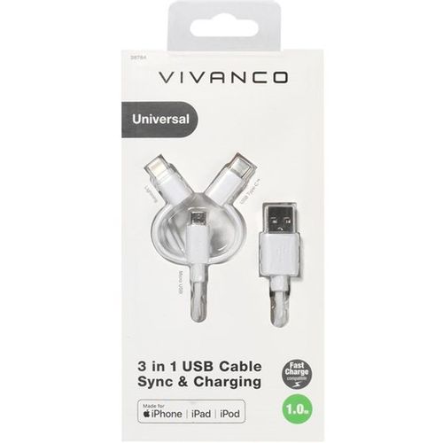 Kabel VIVANCO 38784, Micro-USB, Lightning, Type-C, 1m, bijeli slika 1