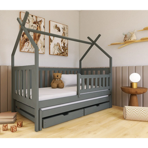 Drveni dečiji krevet Tytusa sa dodatnim krevetom i fiokom - grafit - 160/180x80 cm
