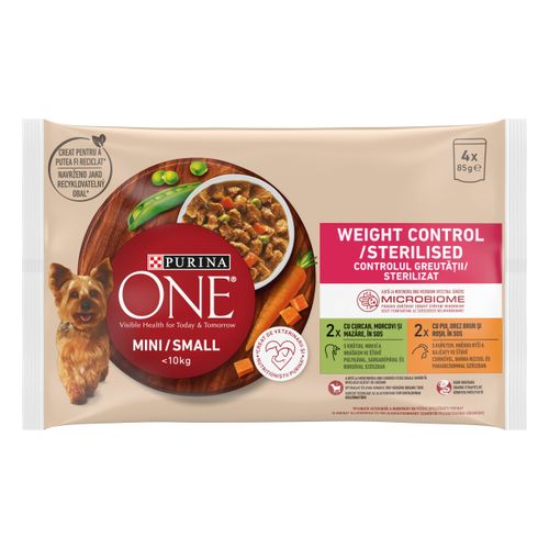 Purina ONE® Weight Control, 12x(4x100g) s puretinom, mrkvom i graškom u umaku sa svinjetinom, smeđom rižom i rajčicama u umaku slika 1