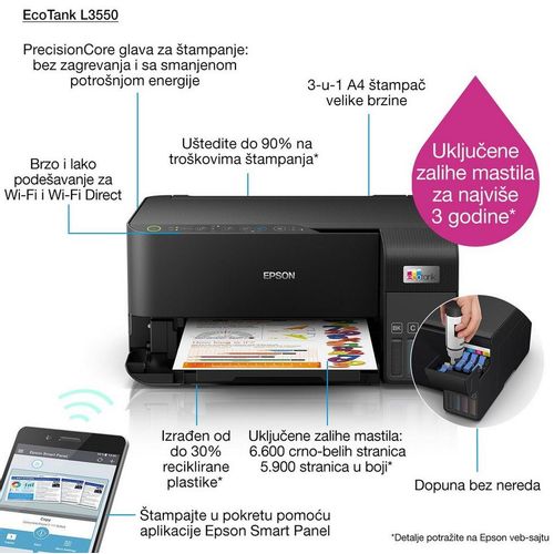 Epson C11CK59403 L3550 EcoTank, print-scan-copy, Color, A4, 4800X1200, USB, Wi-Fi, Manual Duplex slika 2