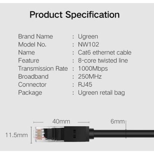 Ugreen Cat6 UTP LAN kabel 1m - u polybag pakiranju slika 3