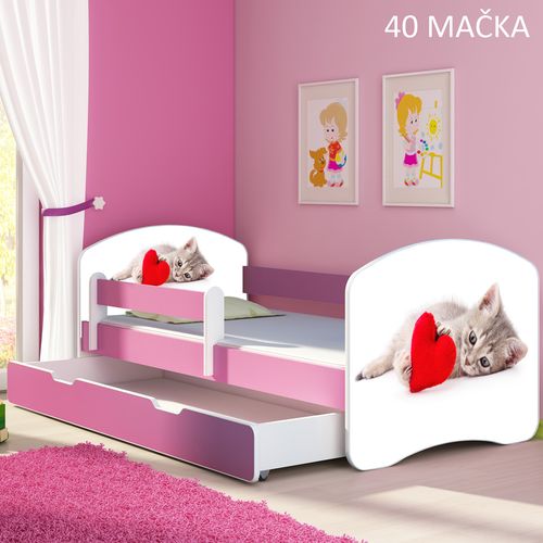 Dječji krevet ACMA s motivom, bočna roza + ladica 140x70 cm - 40 Mačka slika 1