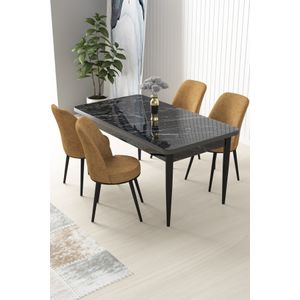 Nil - Crni Mramor, Cappuccino Crni Mramor Set Trpezarijskog Stola i Stolica (5 Komada)