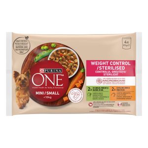 Purina ONE® Weight Control (4x85g) s ćuretinom, mrkvom i graškom u umaku sa svinjetinom, smeđom rižom i paradajzom u umaku