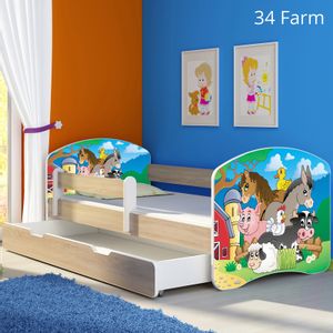 Dječji krevet ACMA s motivom, bočna sonoma + ladica 140x70 cm - 34 Farm