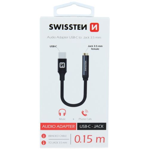 SWISSTEN kabel audio, stereo, USB-C na audio 3.5mm ženski, 15cm, crni slika 1