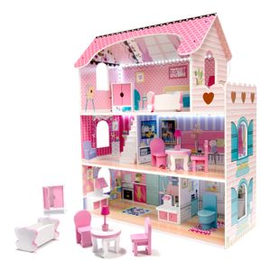 Drvena kućica za lutke + namještaj 70cm roza LED