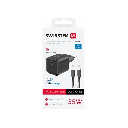 SWISSTEN punjač za AC220, GaN, 1xUSB-C, 1A, crni + USB-C kabel slika 1