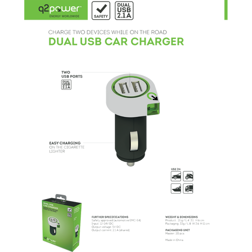 q2power Auto punjač, Dual USB, 2.1A - DUAL USB CAR CHARGER slika 3