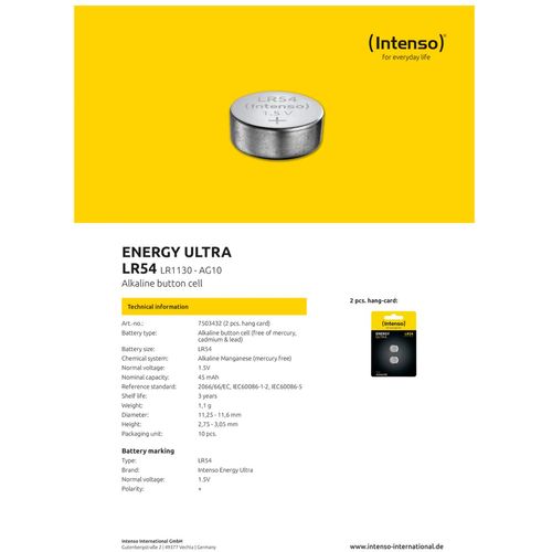 (Intenso) Baterija alkalna LR54/2, 1,5V dugmasta, blister 2 kom - LR54/2 slika 3