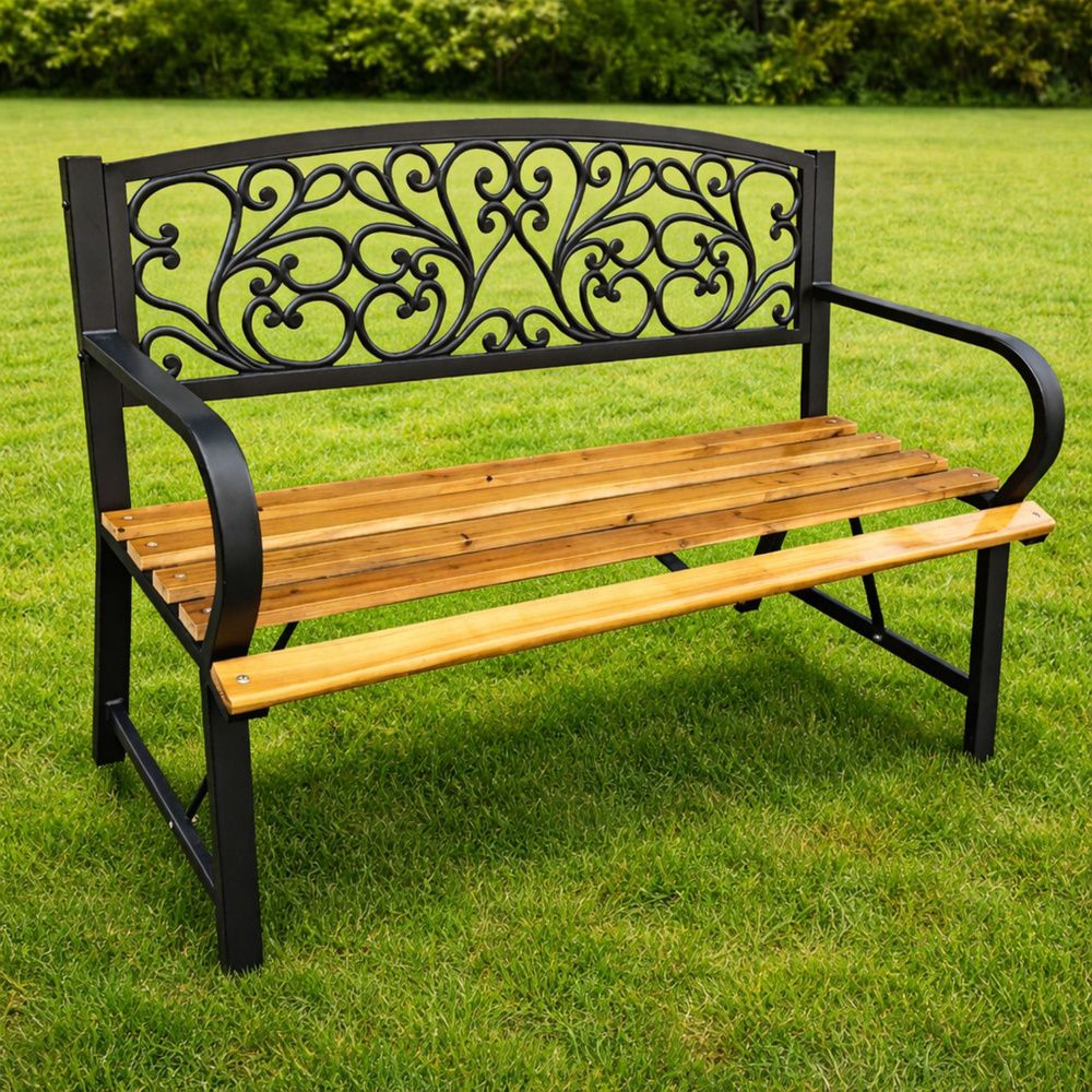 Vrtna klupa za park, terasu, metalna, drvena, za 2 osobe, 118 cm slika 8