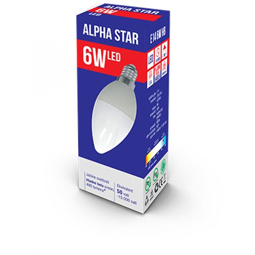 Alpha Star E14 6W HB LED Sijalica 6400K,220V,480Lm,Sveća-minjon,hladno bela slika 3