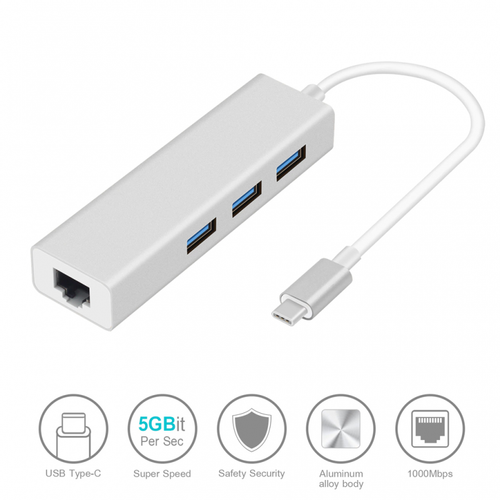 Adapter Type C na 3 USB 3.0 + RJ45 Gb JWD-T5 srebrni slika 3