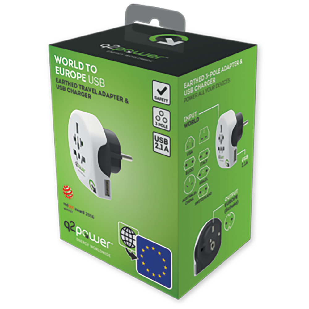 q2power Adapter, putni, univerzalni sa USB-om - WORLD TO EUROPE USB slika 2