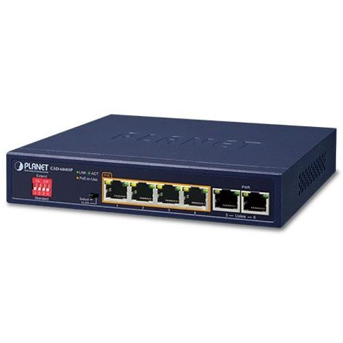 Planet 6-Port (4x 802.3at PoE Ports (55W) 2x GbE) Unmanaged Desktop PoE Switch slika 1