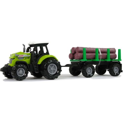 Zeleni traktor s prikolicom i balvanima slika 2