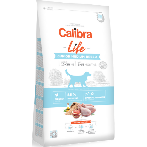 Calibra Dog Life Junior Medium Breed Chicken, potpuna i uravnotežena superpremium hipoalergena dehidrirana hrana za štence i mlade pse (3–15 mjeseci) srednje velikih pasmina (10–30 kg), 12 kg slika 1