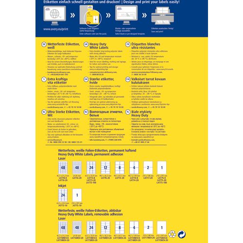 Avery Zweckform L4718 iznimo otporne naljepnice A4 70x37mm vodootporne 20 listova 480 naljepnica bijele slika 3