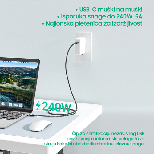 Data kabl Thunderbolt PD na Type C 40Gbps 240W 5K sivi 1m slika 3