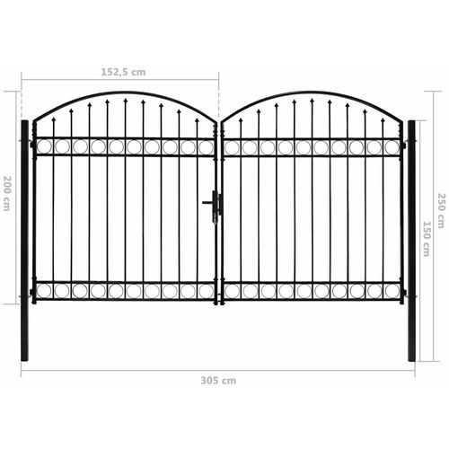 Dvostruka vrata za ogradu s lučnim vrhom čelična 300x200 cm crna slika 20