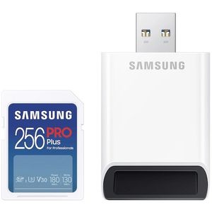 Samsung MB-SD256SB/WW SD Card 256GB, PRO Plus, SDXC, UHS-I U3 V30 Class 10, Read up to 180MB/s, Write up to 130 MB/s, for 4K and FullHD video recording, w/USB Card Reader