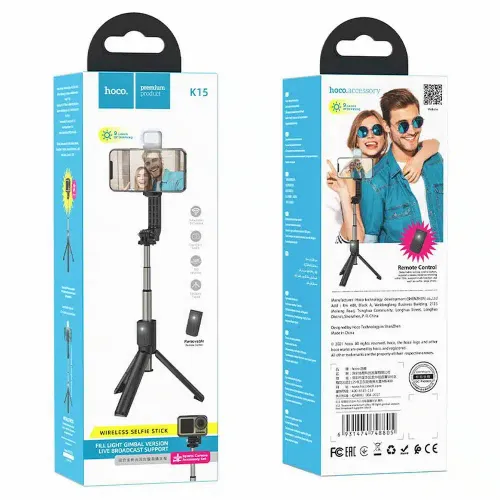 HOCO aluminijski selfie stick s LED svjetlom i bluetooth daljinskim K15 crni slika 6