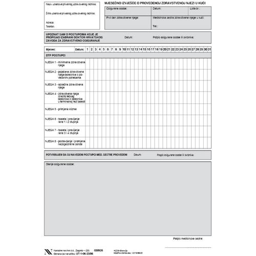 1-06-23/06 MJESEČNO IZVJEŠĆE O PROVEDENOJ ZDRAVSTVENOJ NJEZI U KUĆI; Blok 100 listova, 21 x 29,7 cm slika 1
