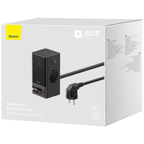 Baseus produžna utičnica/kp usb-c/usb-a + izvlačni kabel usb-c 65w black slika 4