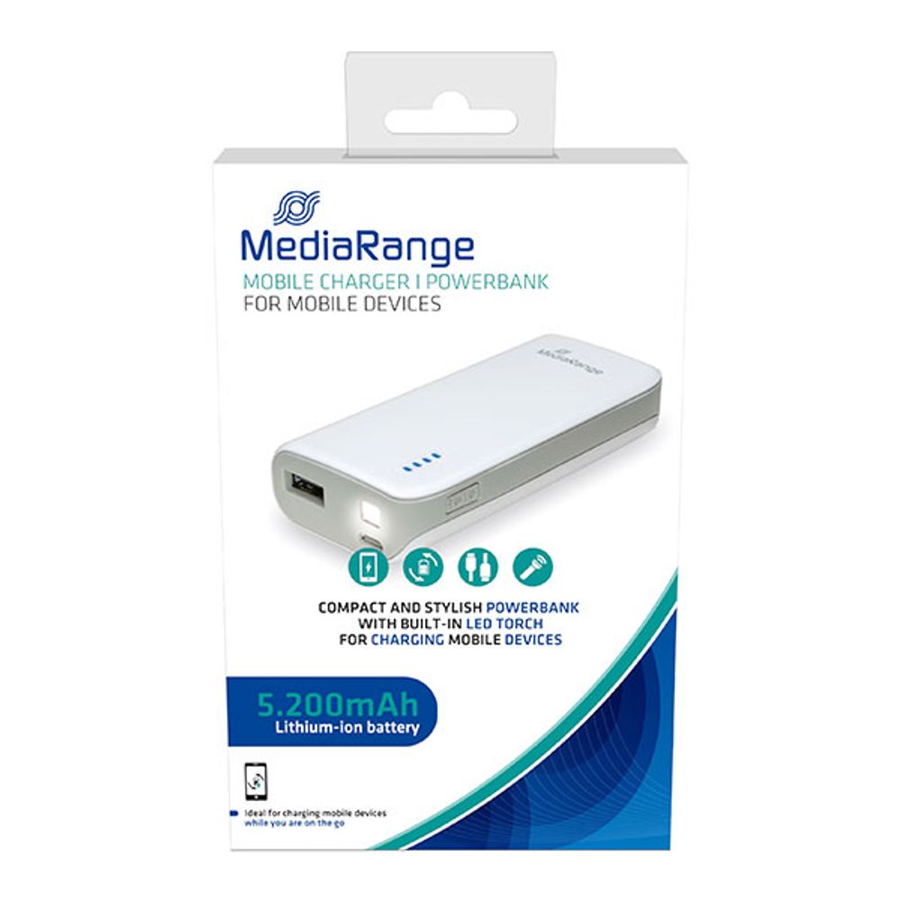 MediaRange Mobilni punjač I Powerbank, s LED svjetiljkom, 5.200mAh, bijelo-sivo , MR751 slika 1